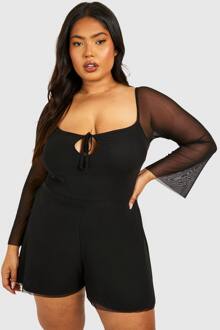 Plus Mesh Romper Met Strikdetail, Uitlopende Mouwen En Zwierige Pasvorm, Black - 50