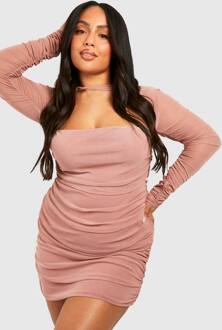 Plus Mesh Twist Detail Gerafelde Bodycon Jurk, Rose - 52