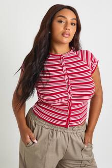 Plus Met Knoopsluiting Gestreepte Top Met Capmouwen, Red - 46