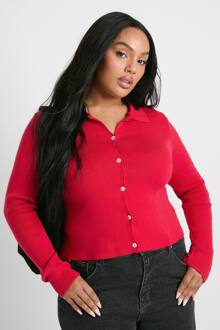 Plus Met Kraag Compact Gebreide Cardigan, Red - 24-26