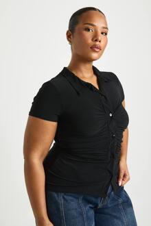 Plus Met Kraag, Geruched Button-Down Top Met Korte Mouwen, Black - 46