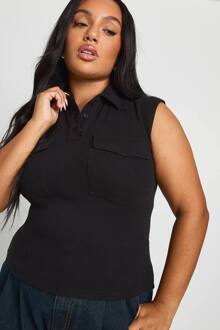 Plus Met Kraag Utility Geribbelde Top, Black - 44