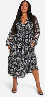 Plus Mono Floral Chiffon Jurk Met Lange Mouwen En Ruches Midaxi, Black - 44