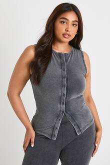 Plus Mouwloos Overhemd Met Knoopsluiting Acidwash Top, Charcoal - 54