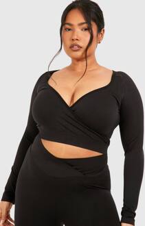 Plus Naadloze Wrap Top Met Lange Mouwen, Black - 48-50