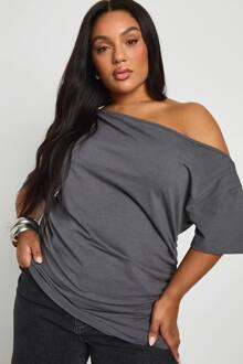 Plus Off-Shoulder Top Met Geraffelde Korte Mouwen, Charcoal - 44