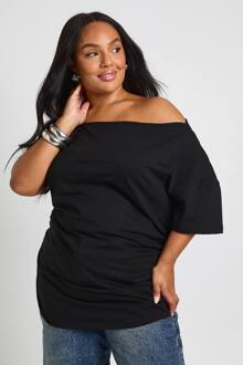 Plus Off The Shoulder Geraffelde Top Met Korte Mouwen, Black - 44