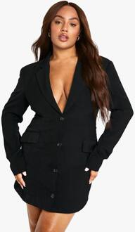 Plus Op Maat Gemaakte Gestructureerde Blazerjurk Met Getailleerde Taille, Black - 44