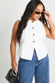 Plus Op Maat Gemaakte Gilet Met Goudkleurige Knoopaccenten, White - 50