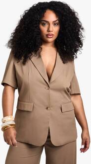 Plus Op Maat Geweven Blazer Met Korte Mouwen, Taupe - 56