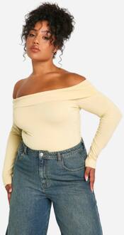 Plus Overdyed Katoenen Bardot One Piece Met Lange Mouwen, Butter - 54