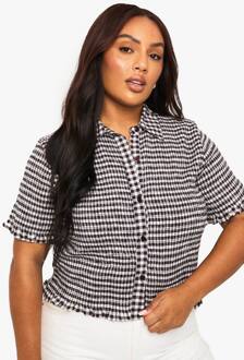 Plus Overhemd Met Kragen, Ginghampatroon En Geraffelde Stof, Black - 46