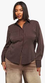 Plus Overhemd Met Schoudervulling En Ingesnoerde Taille, Chocolate - 46