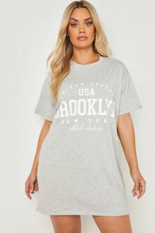 Plus Oversized Brooklyn T-Shirtjurk Met Tekst, Grey Marl - 44