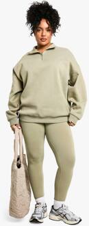 Plus Oversized Half Zip Sweatshirt En Leggings Set, Khaki - 56