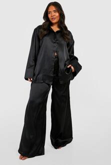 Plus Oversized Satijnen Pyjama Blouse En Broek Set, Black - 52