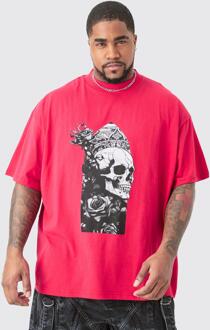 Plus Oversized Schedel T-Shirt Met Brede Nek, Red - XXL