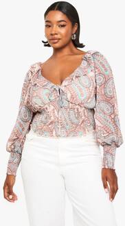 Plus Paisley Bloes Met Gerafte Taille En Diepe V-Hals, Ecru - 54