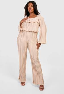 Plus Plissé Jumpsuit Met Frill-Detail En Wijde Pijp, Champagne - 54