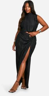 Plus Plissé Top & Gerafelde Maxi Rok Co-Ord, Black - 48