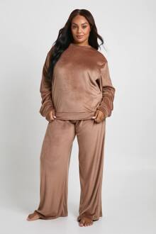 Plus Plush Trui En Broek Loungewearset, Brown - 46