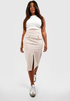Plus Pocket Detail Split Front Midi Rok, Stone - 52