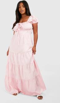 Plus Poplin Melkmeidenlook Maxi Jurk Met Pofmouwen, Pink - 44