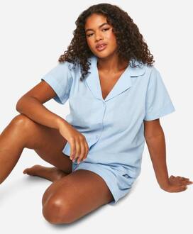 Plus Popline Korte Mouwen Overhemd En Korte Pyjama Set, Light Blue - 46