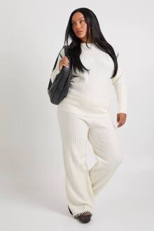Plus Premium Heavyweight Gebreide Trui En Broek Set Met Contrasterende Details, Ecru - 50