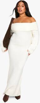 Plus Premium Oversized Rib Bardot Halslijn Zachte Gebreide Sweaterjurk, Ecru - 46