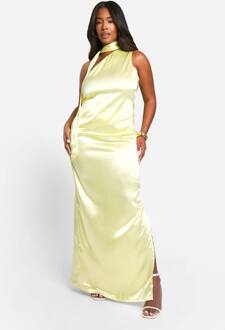 Plus Premium Satijn One-Shoulder Top & Maxi Rok Co-Ord, Lemon - 44