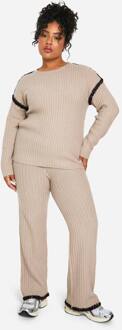 Plus Premium Zware Gebreide Trui En Broek Set Met Contrasterende Afwerking, Taupe - 56