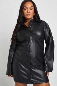 Plus Pu Jurk Met Kraag En Lange Mouwen, Black - 46
