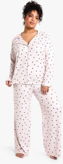 Plus Pyjama Set Met Hartenprint, Lange Mouwen & Broek, Rose - 48