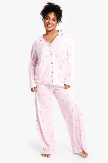 Plus Pyjama Set Met Streepprint En Strik, Lange Mouwen En Broek, Pink - 44