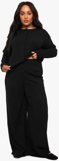 Plus Rib Cardigan En Broek Met Wijde Pijpen Co-Ord, Black/Ecru - 48