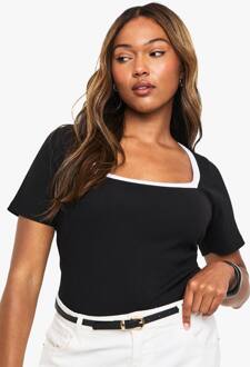 Plus Rib Contrast Binding One Piece Met Vierkante Hals En Korte Mouwen, Black - 50