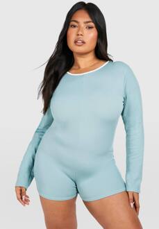 Plus Rib Contrast Binding Romper, Blue - 54