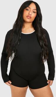 Plus Rib Contrasterende Binding Romper, Black - 44