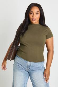Plus Rib Getailleerde Top Met Korte Mouwen, Khaki - 52