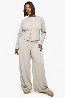 Plus Rib Knoop Cardigan Mouwtop En Broek Set, Ecru - 46