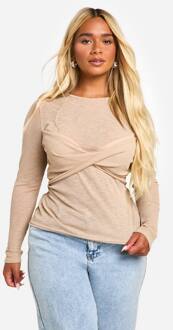 Plus Ribgebreide Top Met Lange Mouwen En Twistdetail, Taupe - 52