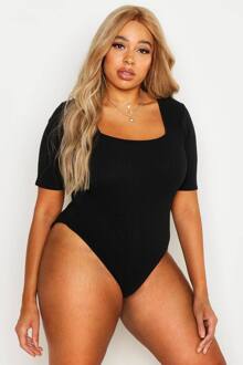 Plus Ribgestrikt One Piece Met Korte Mouwen, Black - 54