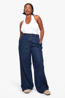 Plus Riem Met Gesp, Elastische Achterkant, Wijde Pijpen Denim Jeans, Indigo - 54