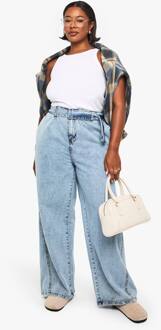 Plus Riem Met Gesp, Elastische Achterkant, Wijde Pijpen Denim Jeans, Light Blue - 54