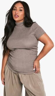 Plus Ripple Textuur Top Met Hoge Hals En Geraffineerde Details, Mocha - 56