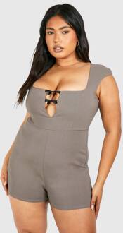 Plus Romper Met Cap Mouwen En Mini Strik, Taupe - 44