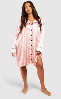 Plus Roze Gestreepte Pyjama Nachtjapon, Pink - 48