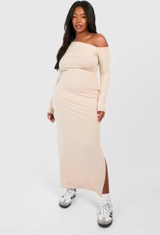 Plus Ruched Bardot Maxi Jurk Met Lange Mouwen, Stone - 56