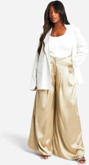 Plus Satijn Plooi Detail Op Maat Gesneden Wijde Pijpen Broek, Champagne - 50